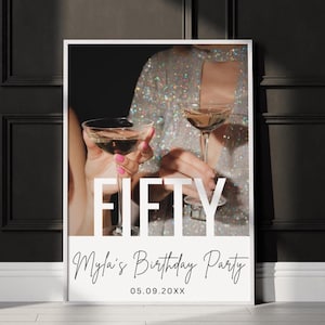 50th Birthday Welcome Sign, Editable Birthday Boad Template with Photo, Modern Minimalist Bday Poster, Personalized 50th Birthday Party Sign