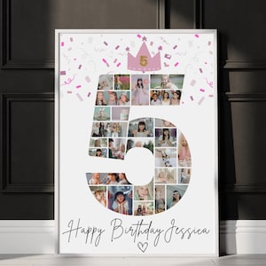 5th Birthday Photo Collage Template, Printable Canva Frame Template, Personalised number 5 collage Poster, Fifth Birthday template, Editable
