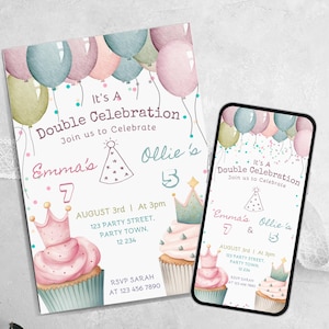 Bearbeitbare gemeinsame Party-Geburtstagseinladung - Perfekt für Geschwister- oder doppelte Geburtstagsfeiern! Bearbeitbare Canva-Vorlage für JEDES ALTER und Geschlecht