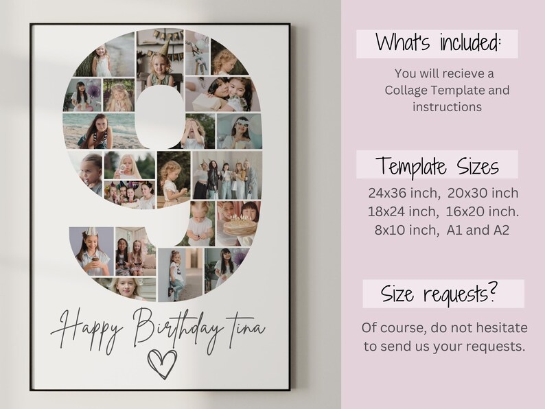9th Birthday Photo Collage Template, Printable Canva Frame Template ...