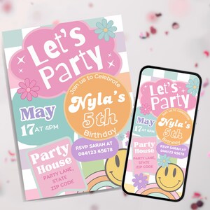 Editable Retro Smiley Face Birthday Invite – Perfect for a Groovy Tween or Teen Party!  Any Age Girl Birthday Celebration Invitation.