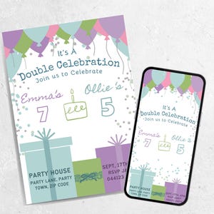 Editable Joint Party Birthday Invitation – Perfect for Sibling or Double Birthday Celebrations! Editable Canva Template for ANY AGE & Gender