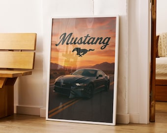 Pôster do pôr do sol do Ford Mustang: arte de parede de muscle car clássico (download digital)