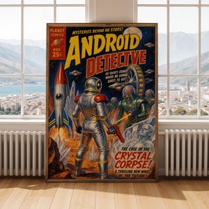 Android Detective Poster - Modern Pulp Sci-Fi, Yellow And Red Tones, Deep Blue Shadows