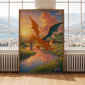 Poster di Charizard - Illustrazione digitale moderna in stile pittorico, fuoco arancione e ali color verde acqua.