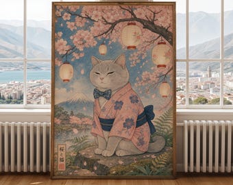 Può includere: Una stampa d'arte incorniciata raffigurante un gatto grigio che indossa un kimono rosa a fiori e un papillon blu, seduto su una roccia sotto rami di ciliegio in fiore con lanterne di carta appese. Sullo sfondo, una montagna e un lago con testo giapponese.