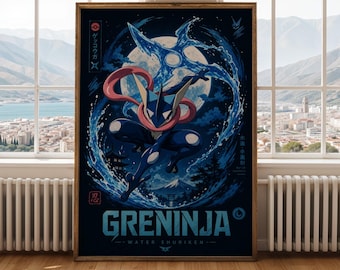 Greninja Poster – Modern Anime Illustration, Cel Shading, Navy Blue and Electric Cyan