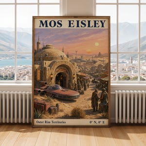 Pôster de Mos Eisley - Estilo guache moderno, tons de azul marinho e bege ao pôr do sol.