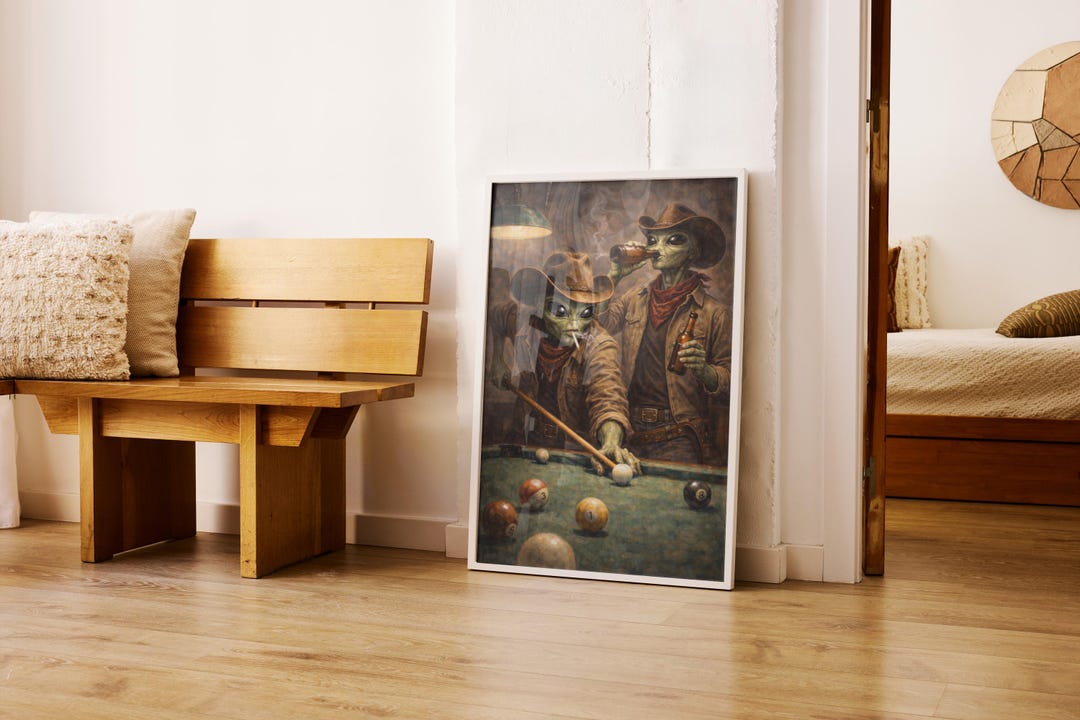 Alien Cowboy Pool Hall Art Print | Sci-fi Western Wall Art | Smoking ...