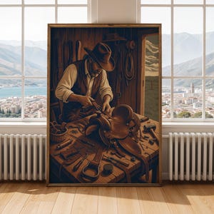 May include: A framed wall art print depicting a person wearing a cowboy hat and vest, working on a brown leather saddle at a wooden workbench. The table is covered with various leatherworking tools, including hammers, awls, and metal hardware.