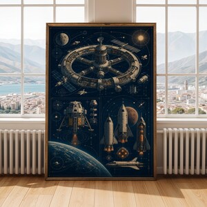 May include: A dark blue poster featuring technical illustrations of space exploration technology, including a large rotating space station, a lunar lander, multiple rocket designs, and a shuttle, all set against a backdrop of Earth and space.