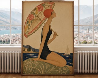 French Riviera Bather Poster – Modern Lithograph Style, Black, Coral Red and Sage Green