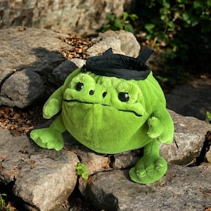 Peut inclure: Sac à magnésie de grimpe en forme de grenouille verte avec un dessus noir et une sangle noire. Le sac est posé sur un rocher.