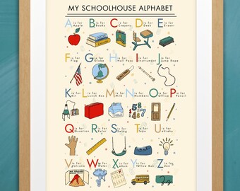 Schoolhouse Alphabet Wall Art Digital Download, Alphabet Poster, ABC Poster, Retro School Poster, Classroom Download, Teacher Poster