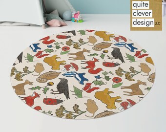 Woodland Animal Rug, Nursery Round Rug, Round Woodland Rug, Round Fox Rug, Round Bear Rug, Round Owl Rug, Round Deer Rug, Butterfly Rug