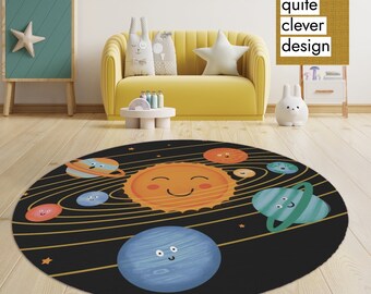 Solar System Rug, Nursery Round Rug, Round Space Rug