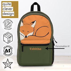 Red Fox Backpack, Rucksack with Name, Unique Fox Backpack, Olive Green School Bag, Back to School Gift, for Boys, for Girls