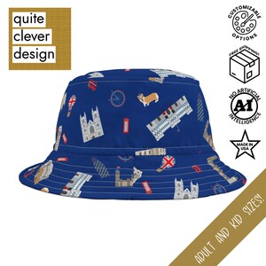 London Landmarks Hat, British Hat, Kids Sun Hat, British Bucket Hat, Union Jack Hat, Cute Sun Hat, Blue Hat, Corgi Hat
