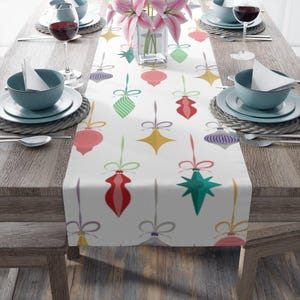 Mid Century Christmas Table Runner: Colorful Ornament Design