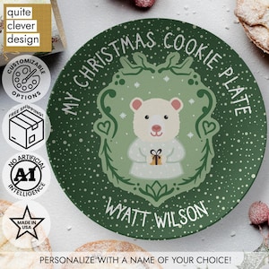 Christmas Bear Plate with Name, Holiday Gift for Boy or Girl, Christmas Cookie Plate, Personalized Christmas Plate, Special Occasion Plate