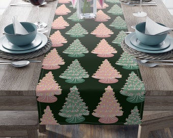 Vintage Christmas Trees Table Runner, Dark Green, Christmas Table Runner, Pink and Green Table Runner, Ceramic Christmas Tree Table Runner