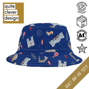 London Landmarks Hat, British Hat, Kids Sun Hat, British Bucket Hat, Union Jack Hat, Cute Sun Hat, Blue Hat, Corgi Hat
