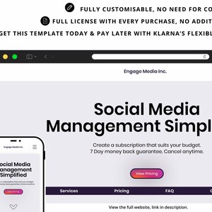 Op de afbeelding: Een Wix-website sjabloon voor een social media management bedrijf. De website heeft een paars en wit kleurenschema met de tekst "Social Media Management Simplified" in zwart. De website bevat ook een call-to-action knop met de tekst "Bekijk prijzen".