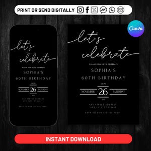 Let&#39;s Celebrate Invitation Template, Editable Surprise Birthday Party Invite, Anniversary Invites, Blacj Digital Invite