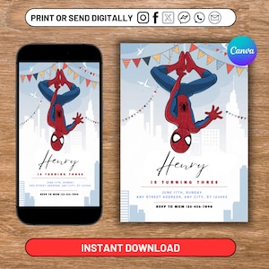 Convite para festa de aniversário do Homem-Aranha Convite para festa de aniversário do Homem-Aranha Modelo editável para download instantâneo Digital, modelo Canva