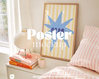 Portrait Frame Mockup, Bedroom Nightstand, Retro Mediterranean, 5:7 Poster PSD Smart Object Photopea