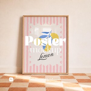 Portrait Frame Mockup, Oak Floor Leaner, Terracotta Tile, Mediterranean Boho, 5:7 Ratio, PSD Smart Object, Photopea