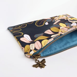Floral Makeup Bag Zipper Pouch – Moody Flower Print with Brass Bee Zip | Toiletry Bag, Pencil Case, Clutch Purse