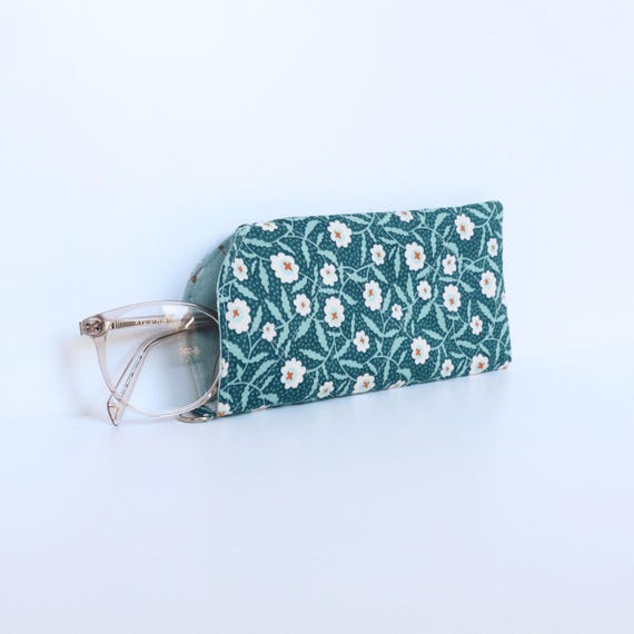 Quilted Teal Floral Glasses Case Soft Padded Eyeglass Pouch