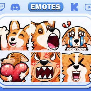 May include: A set of six animated emojis featuring a cartoon corgi dog with different expressions. The emojis include a corgi waving, a corgi with its mouth open, a corgi crying, a corgi holding a heart, a corgi with angry eyes, and a corgi laughing.