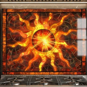 May include: A decorative kitchen backsplash featuring a stained-glass sun design. The sun has a bright yellow center with radiating orange and yellow flames. The backsplash is framed in a dark brown border and is installed above a stainless steel gas range.