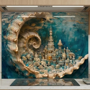 May include: A kitchen splashback with a fantasy underwater scene. A golden seashell frames a detailed city with towers and domes, set against a teal and gold background. The artwork is installed above a black hob.