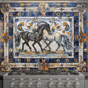 May include: Decorative kitchen backsplash featuring a detailed tile design. The central image depicts two horses in shades of gray and white, set against a backdrop of orange and blue floral patterns. The border is a mosaic of blue and gold tiles.