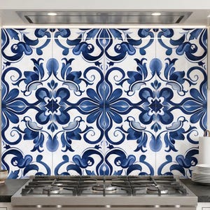 Tempered Glass Backsplash Stove Panel, Blue White Tile Pattern Kitchen Decor