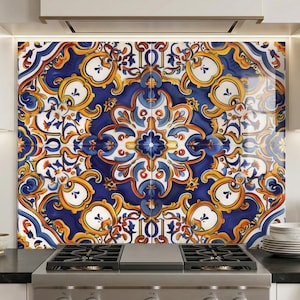 Kachelpaneel van gehard glas, spaans tegelpatroon blauw goud keukendecor