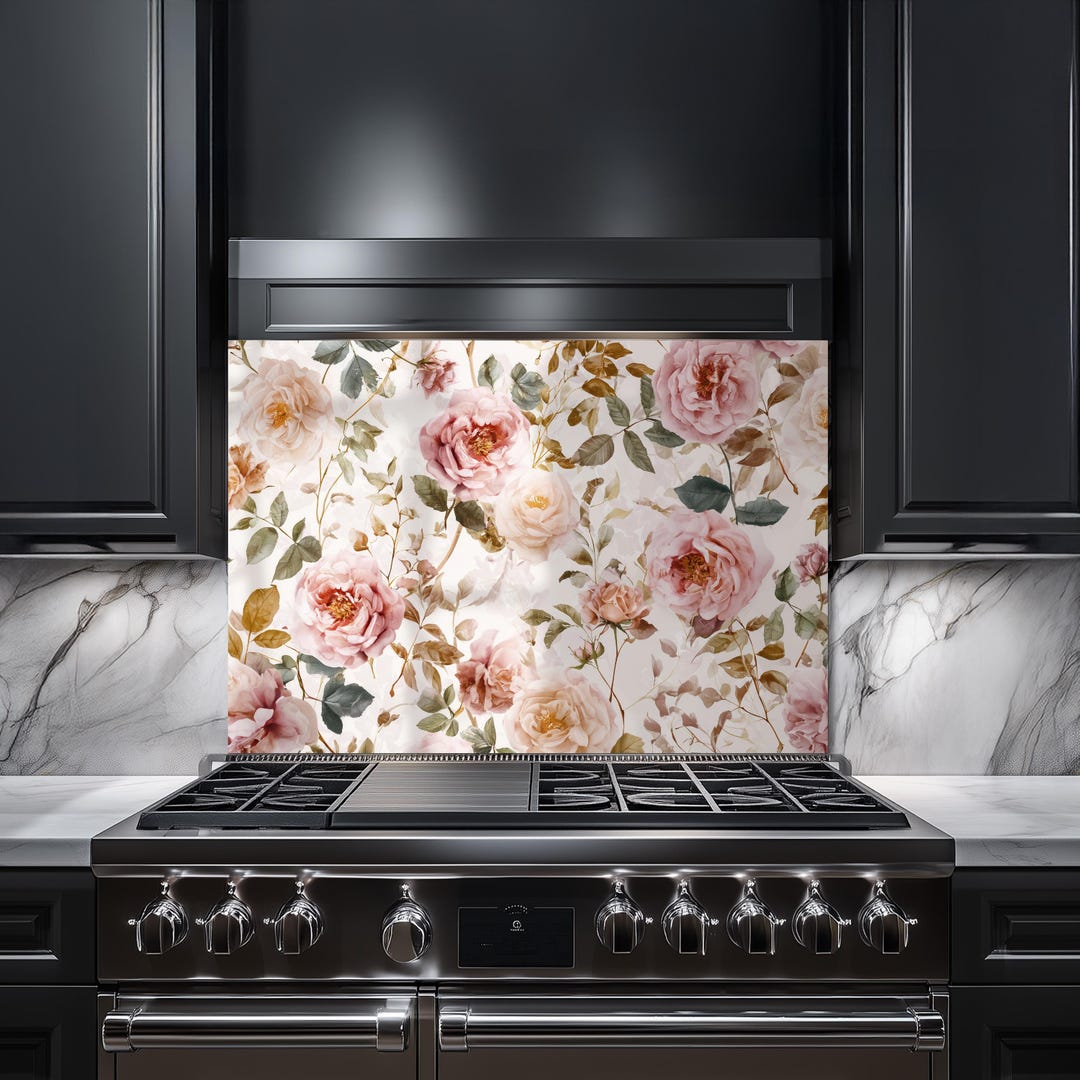 Floral Kitchen Backsplash: Pink Rose Tempered Glass (heat Resistant) - Etsy