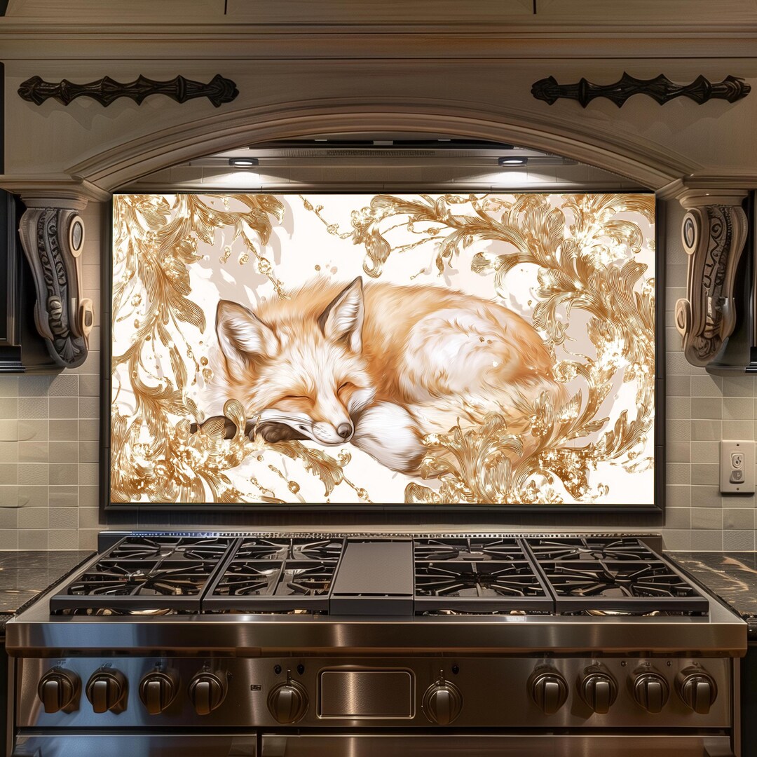 Golden Sleeping Fox Backsplash – Light Luxury Ornate Glass Panel, Soft ...