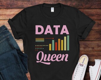 May include: Black t-shirt with a pink graphic that says "DATA QUEEN" with a bar graph and dots in retro colors.