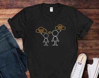 May include: Black t-shirt with a humorous graphic. The design features stick figures and text bubbles. One bubble says "DAD WHAT ARE CLOUDS MADE OF?" and the other says "LINUX SERVERS MOSTLY".