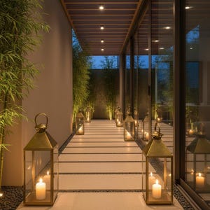 May include: An outdoor pathway with lit lanterns, bamboo, and a wooden ceiling. The gold-coloured lanterns each hold a lit candle. The pathway is made of light-coloured stone and dark pebbles.