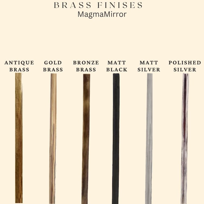 May include: A visual guide to different brass finishes, including antique brass, gold brass, bronze brass, matt black, matt silver, and polished silver.