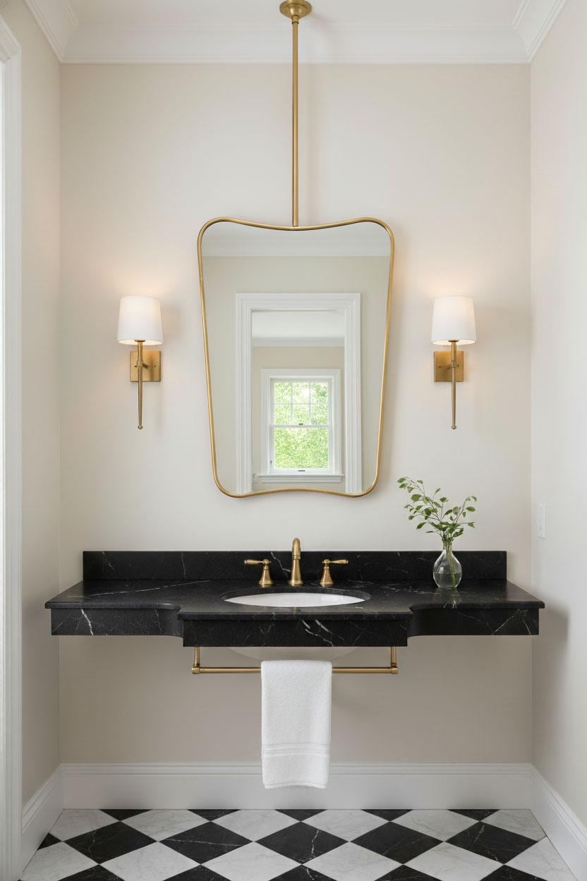 Suspended Curved Brass Mirror Ceiling Mounted Bathroom