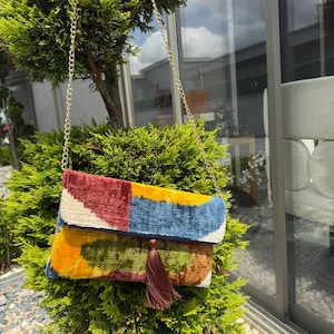 Colorful Ikat Clutch Bag, Clutch Evening Bag, Colorful Velvet Ikat Clutch Bag with Tassel, Multicolor Handmade Boho Purse, Handmade Ikat Bag