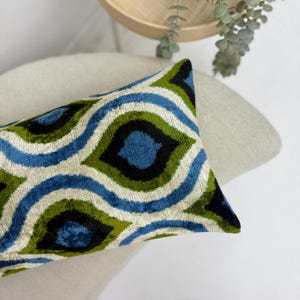 Colorful Velvet Ikat Pillow Cover, Green Blue Velvet Ikat Cushion, Ikat Design Velvet Pillowcase, Bohemian Decorative Lumbar, 12x24 Pillow