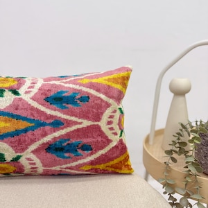 Pink Velvet Ikat Pillow Cover with Colorful Details, 12x20 Ikat Pillowcase, Fish Patterned Velvet Ikat Cushion,  Vibrant Colors Velvet Ikat