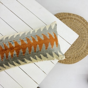 Orange and Gray Velvet Ikat Pillow Cover, Orange Ivory Pillow, Orange Striped Velvet Ikat Pillow, 12x24 Ikat Cushion, Bohemian Lumbar Pillow